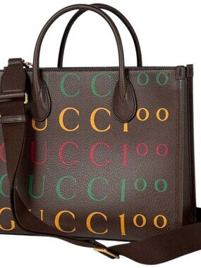 Gucci Logo Tote 2-Way Shoulder Bag Anniversary Leather Brown